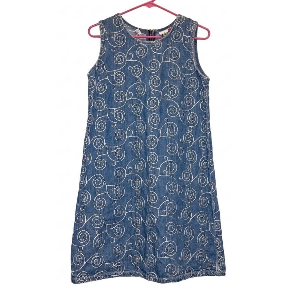J.l ny y2k denim shift dress womens small brocade hand work vintage